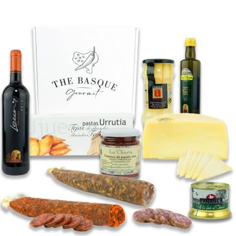 Coffret de délices basques pour les fêtes : vin, fromage, asperges, huile d’olive, poivrons, pâté, biscuits, chorizo, saucisson – cadeau luxueux en boîte.