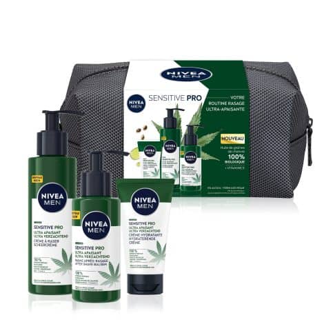 Trousse de soins visage et barbe NIVEA MEN, spécialement conçue pour les peaux sensibles, pratique à emporter.