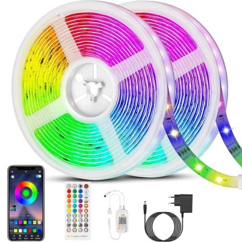 Ruban LED Bonve Pet de 20m (10m*2), bande lumineuse flexible multicolore avec télécommande à 40 touches, synchronisation musicale, idéale pour décoration de maison, chambre ou bar.