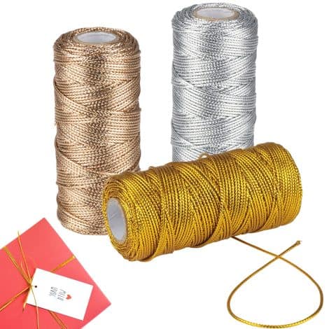 Fil d’or métallique pour Noël et emballage de cadeaux, 3 rouleaux de ficelle dorée de 1,5 mm x 100 mètres.