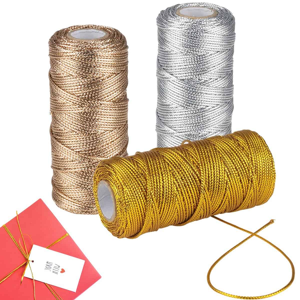 ZDNT 3 Rouleaux Fil Dore,Métallique Cordon,Cordon Dorée Ficelle,Ficelle Dorée,1,5 mm x 100 mètres Cadeau Ficelle Corde pour la Décoration de Noël Bijoux Emballage de Cadeaux Loisirs Créatifs