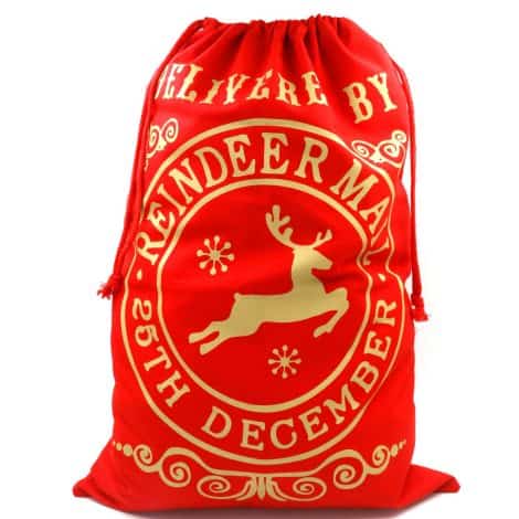 Sac de Noël Rouge Extra Large avec cordon et motifs de rennes – Emballage cadeau spacieux pour les cadeaux de Noël.