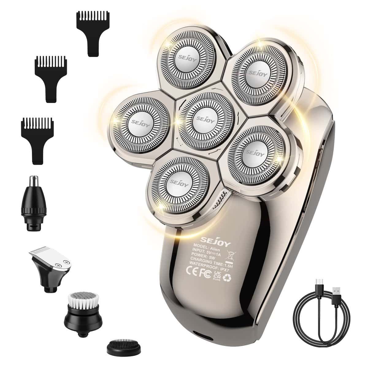 Rasoir Electriques Hommes Cheveux, 5 en 1 Rasoirs à Têtes Rotatives 6D Humide et Sèche IPX7 Étanche Rechargeable Multifonction Rasoir Tete Chauve Homme Tondeuse à Barbe Ave écran LED