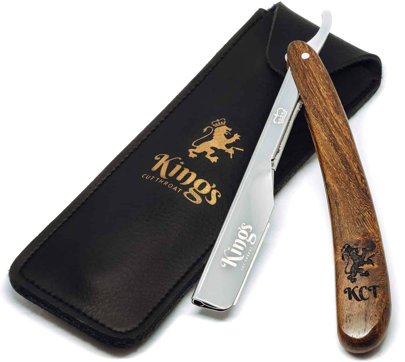 The Kings Cut throat - Rasoir droit pour homme - Rasoir à gorge coupée - Rasoir droit pour homme, pochette de voyage en cuir et sac en velours inclus - Kit de toilettage pour barbe pour homme | Pas de