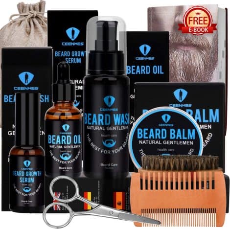 Ensemble de soins pour la barbe comprenant huile, sérum, lavage, baume, brosse, peigne et ciseaux.