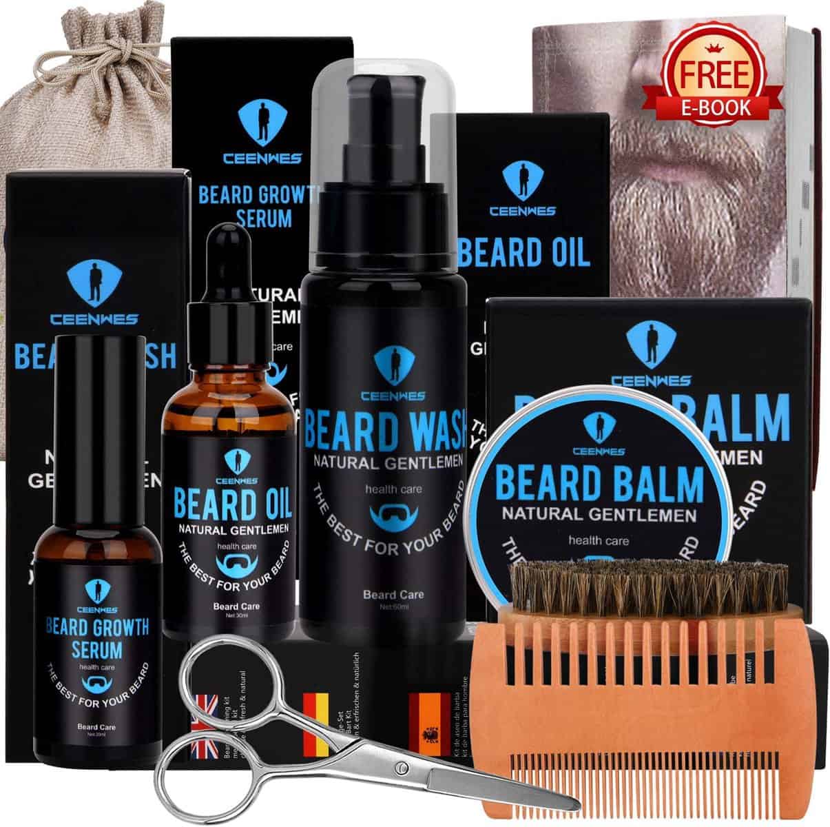 Kit Barbe Homme Kit Soin Barbe Homme Pour Barbe Avec Huile à Barbe, Sérum de Croissance de Barbe, Lavage de Barbe, Baume à Barbe, Brosse à Barbe, Peigne à Barbe, Ciseaux à Barbe