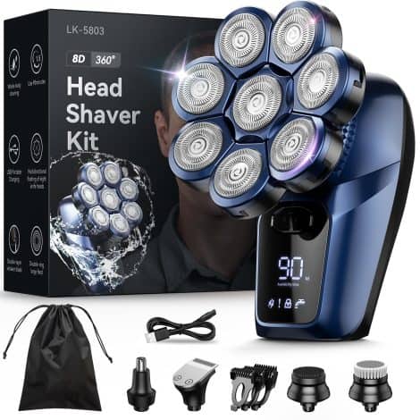 Kit de rasage 8D pour homme chauve, rasoir électrique avec tondeuse à nez, étanche avec écran LED.