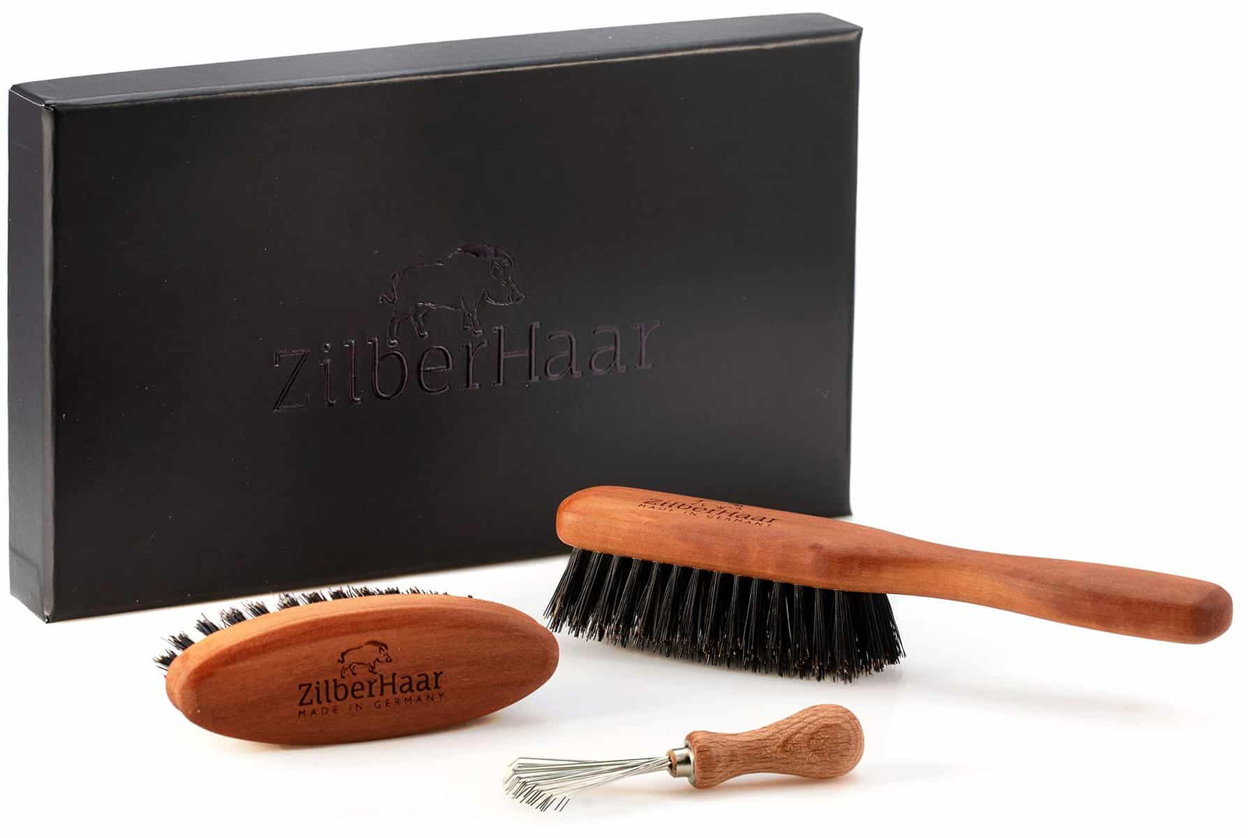 ZilberHaar - Kit Entretien Barbe - 1 Brosse à Barbe + 1 Brosse de Poche + 1 Outil de Nettoyage - 100% Poils Véritable de Sanglier Rigides - Coffret Cadeau Homme, Soin Visage