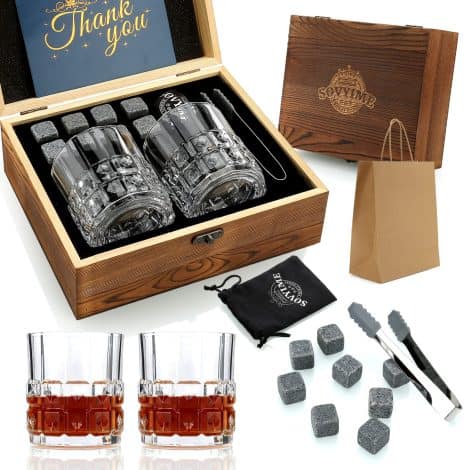 Coffret Whisky avec Glaçons Réutilisables, 8 Pierres en Granit et 2 Verres à Whisky, Cadeau Idéal pour Hommes.