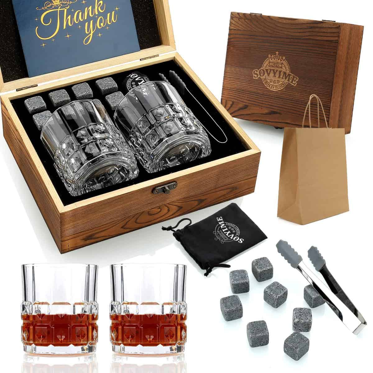 Ensemble-Cadeau de Pierres et Verres à Whisky, Glacon Reutilisable avec Coffret Whisky, 8 Granit Pierres à Whisky et 2 Verres de Whisky, Cadeau pour Hommes …