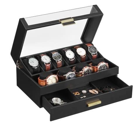 Boîte à montres pour hommes avec 6 compartiments, rangement pour montres et petits bijoux, noir.