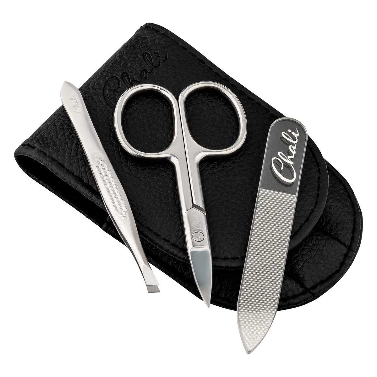 Chali® Kit Manucure Pedicure 3 Pièces, Set Onglerie Acier Inoxydable avec Ciseaux Ongles, Lime à Ongles en Verre et Pince - Soins des Ongles pour Hommes et Femmes