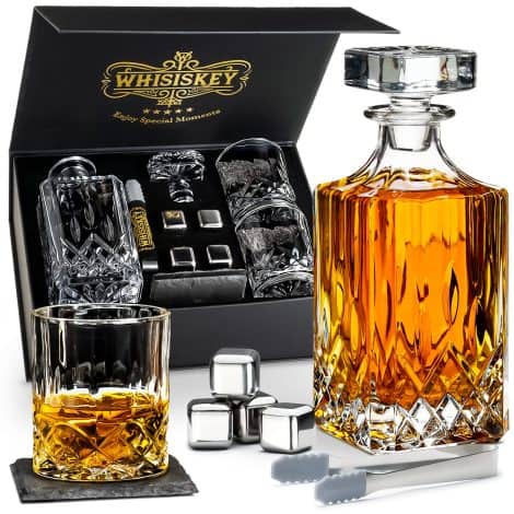 Carafe à whisky Whisiskey – Set avec 4 pierres, pinces et 2 verres – Cadeau idéal pour hommes.