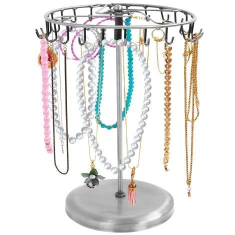 Présentoir à bijoux rotatif en métal argenté avec 23 crochets – Dimensions: H34,8 x l20,5 cm – Idéal pour colliers, bracelets, bagues et boucles d’oreilles.