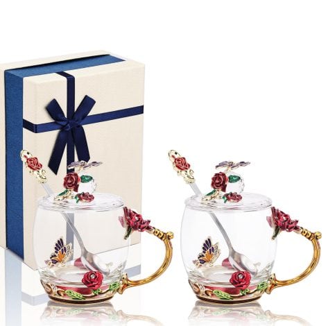 Ensemble de 2 mugs en verre émaillé avec accessoires, cadeau parfait pour Noël ou anniversaire. (rouge)