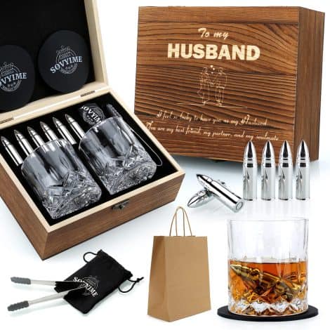 Ensemble Verres à whisky Sovyime, 2 verres, 8 pierres à whisky réutilisables, cadeau homme pour mariage, anniversaire, Saint Valentin.