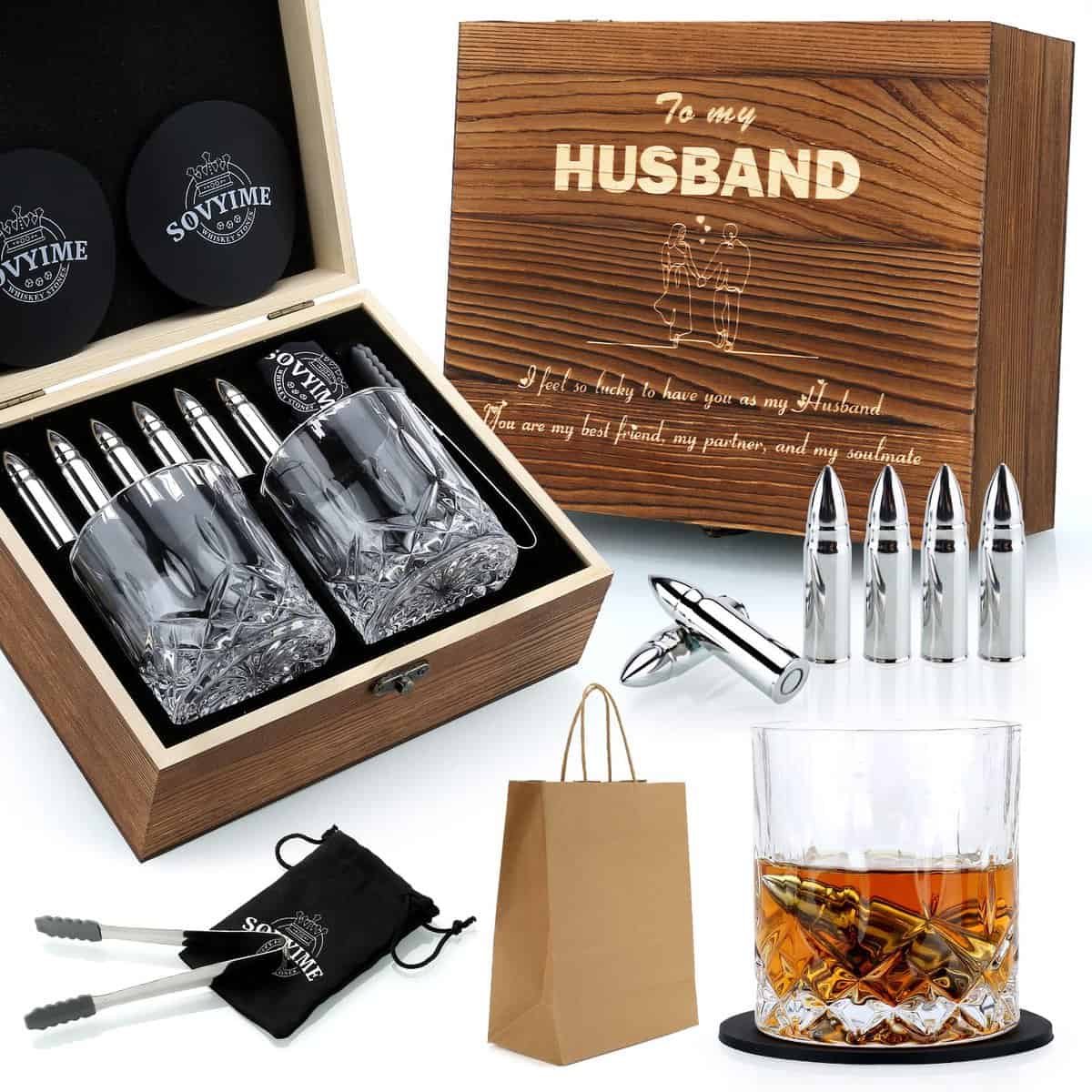 Sovyime Cadeaux de Mari Verre a Whisky, 2 Verre à Whisky 8 Pierre a Whisky Glaçons Reutilisables, Cadeau Amoureux pour Homme Cadeau Mariage d’anniversaire Saint Valentin, Idee Cadeau Homme pour Lui Mari