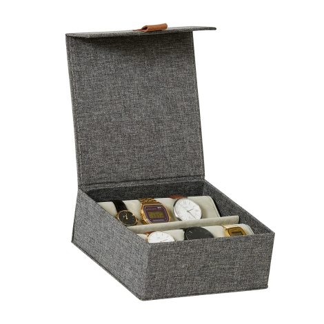 Boîte de rangement premium avec couvercle pour montres, 6 emplacements, renforcement en bois, gris chiné.