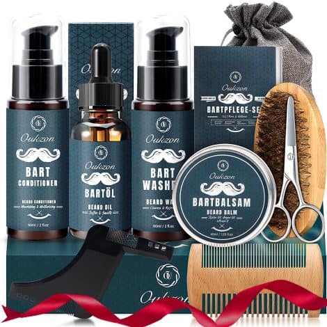 Ensemble de soins pour barbe pour homme, Oukzon coffret cadeau complet avec shampoing, conditionneur, huile, baume, peigne, brosse, ciseaux, pochoir et sac de voyage.