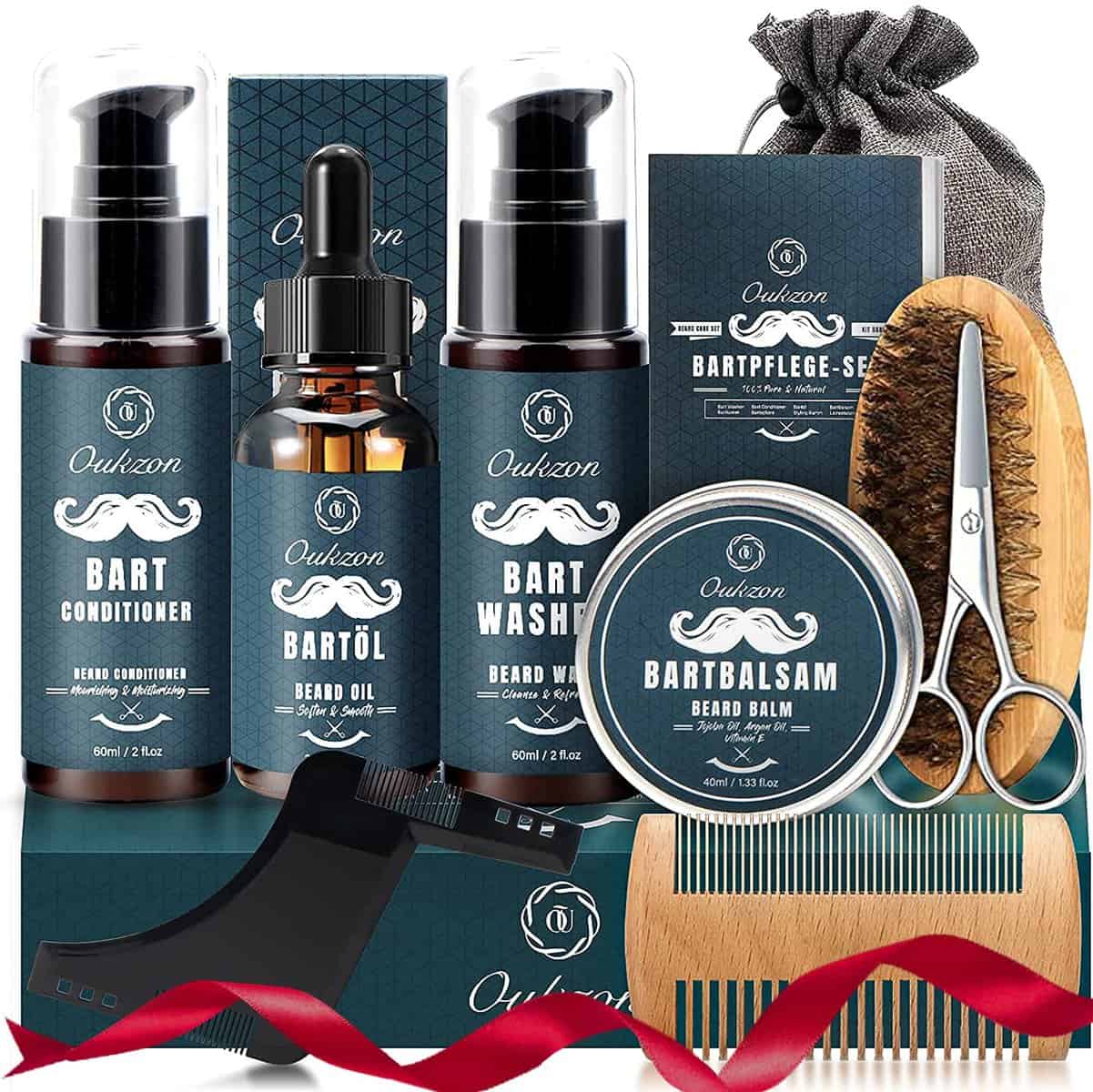 Kit Soins Barbe Homm, Oukzon 10 en 1 Coffret Cadeau Pousse Barbe Complet Professionnel avec Shampoing barbe, Conditionneur, Huile Barbe, Baume, Barbe Peigne, Brosse, Ciseaux, Peigne Pochoir Sac Voyage