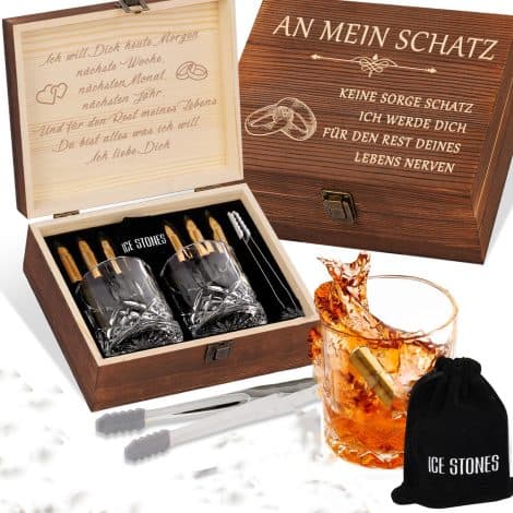 Coffret Whisky en chêne, idée cadeau Noël pour homme, femme, couple, avec verres, pierres et pinces. Coffret cadeau pour anniversaire, Saint-Valentin, mariage.