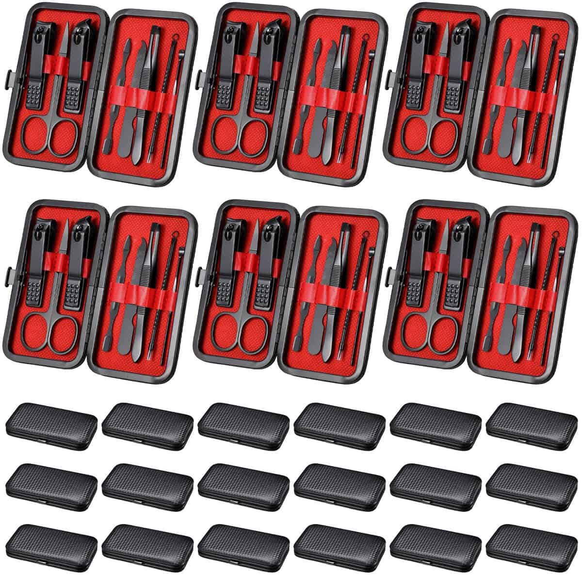Lasnten Lot de 24 ensembles de manucure et coupe-ongles en acier inoxydable - Kit de pédicure professionnel avec étui de voyage - Cadeau pour hommes, femmes, parents, ongles personnels (rouge et noir,