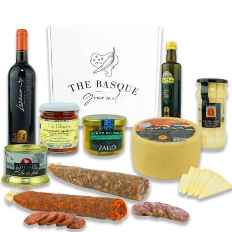 Panier gourmet basque de luxe : vin, fromage, asperges, huile d’olive, piquillos, pâté, chorizo, saucisson. Offrez-le !