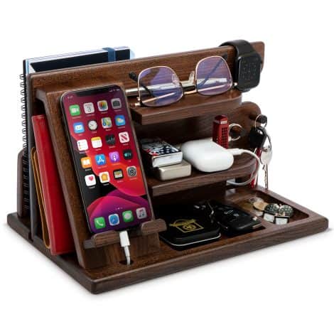 Organisateur de bureau en bois multifonctionnel pour homme, supportant téléphone, montre, monnaie. Idéal cadeau pour papa.