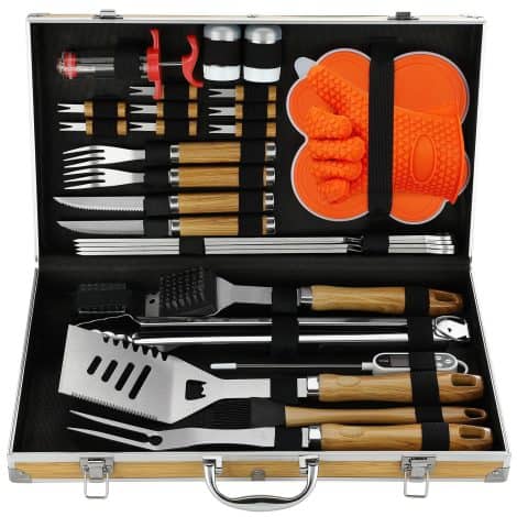 Ensemble Barbecue Haut de Gamme avec Poignée en Bambou – 30Pcs Outils Acier Inoxydable et Valise en Bambou – Cadeau Barbecue Unique pour Hommes Femmes.