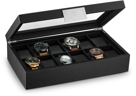 Coffret de montres de luxe en fibre de carbone avec 12 emplacements, grand support et boucle en métal – Noir.