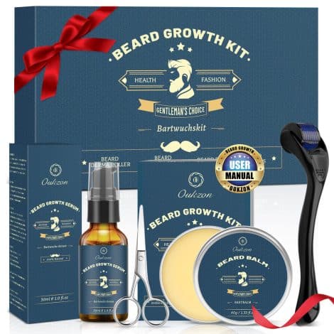 Ensemble complet de soins de barbe pour homme : Kit de croissance de barbe, coffret cadeau professionnel comprenant rouleau, huile, baume et ciseaux pour une barbe dense et élégante. Idéal pour la pousse de la barbe et un cadeau pour homme.