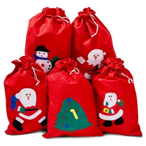 Les Glaneurs – Ensemble de 5 grands sacs cadeaux de Noël avec cordon de serrage pour emballage facile.