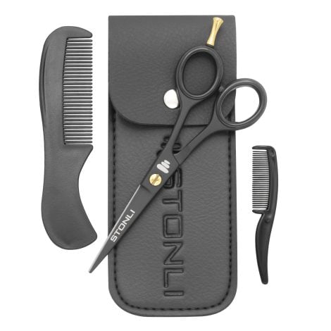 STONLI® Ensemble barbe et moustache 12,7 cm avec peigne et étui – Ciseaux coiffure – Nez, oreilles, sourcils (noir).