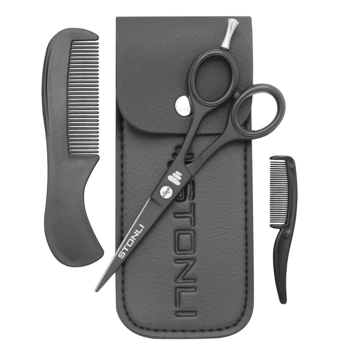 STONLI® Ciseaux à barbe et moustache de 12,7 cm avec peigne et pochette – Petits ciseaux de coiffure – Ciseaux à cheveux pour nez, oreilles et sourcils (noir)