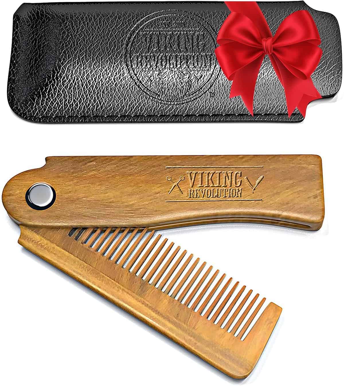 Peigne a Barbe Homme avec Étui - Peigne à Barbe en Bois Naturel & Pliable avec Boite Cadeau - Peigne Barbe en Bois de Santal Vert Soin & Coiffage des Cheveux, Barbes & Moustaches par Viking Revolution