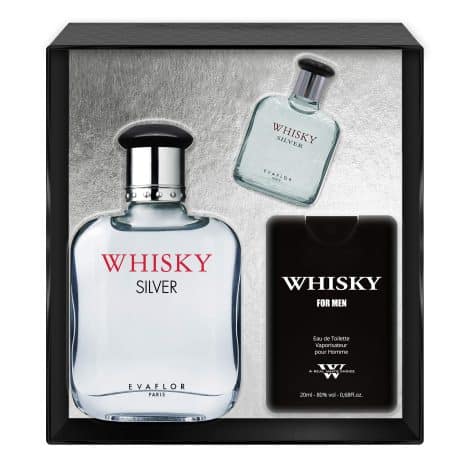 Coffret whisky argenté EVAFLORPARIS pour homme : Eau de toilette 100 ml + miniature 7.5 ml + parfum de voyage 20 ml vaporisateur spray 127.5 ml.