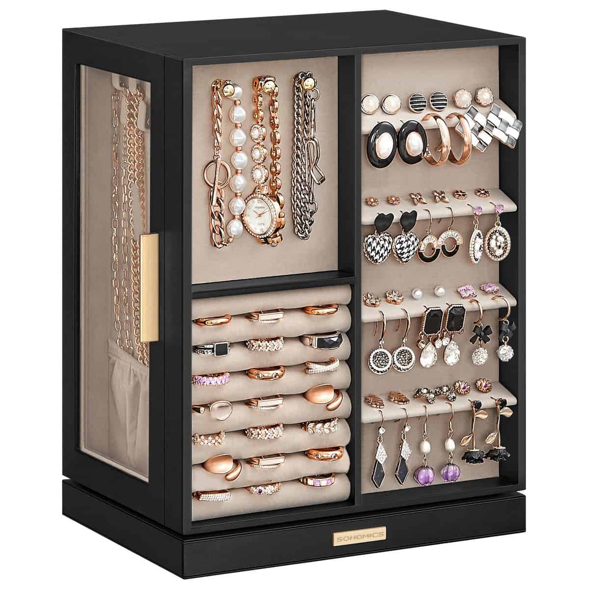 SONGMICS Boîte à Bijoux Rotative à 360°, Coffret à Bijoux avec 5 Tiroirs, Fenêtres en Verre Latérales, Grand, Rangement pour Accessoires, Design Ouvert, Noir Graphite JBC170B01