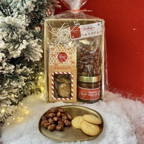 Boîte de chocolat de Noël artisanal de 450g en coffret cadeau gourmand avec bourriche.