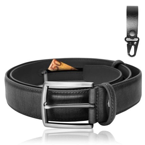 Ceinture de sécurité en cuir avec pochette secrète pour homme et femme, idéale en voyage et travail. (Noir)