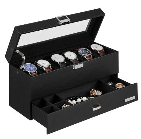 Coffret Montre VASIHO avec 6 compartiments, couvercle en verre verrouillable, idéal pour ranger montres et bijoux.