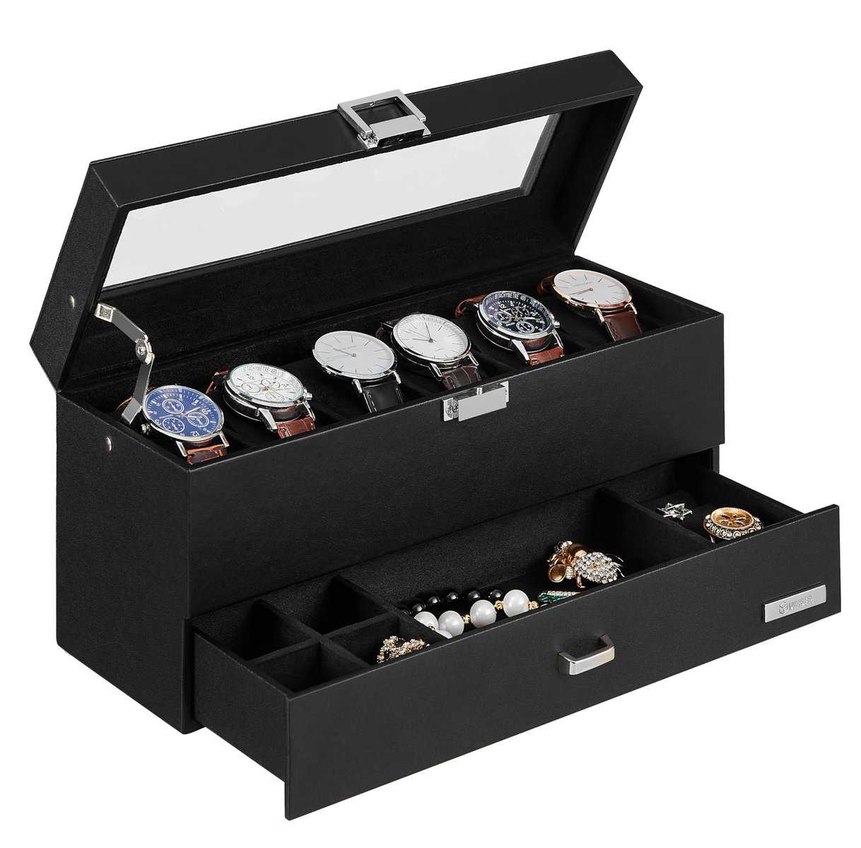 VASIHO Boîte à Montre avec 6 Compartiments, Coffret Montre avec Couvercle en Verre, Verrouillable, Boîte à Bijoux Homme 2 Niveaux, 1 Tiroir Montres, Anneau, Rangement Montre avec Serrure, Norie