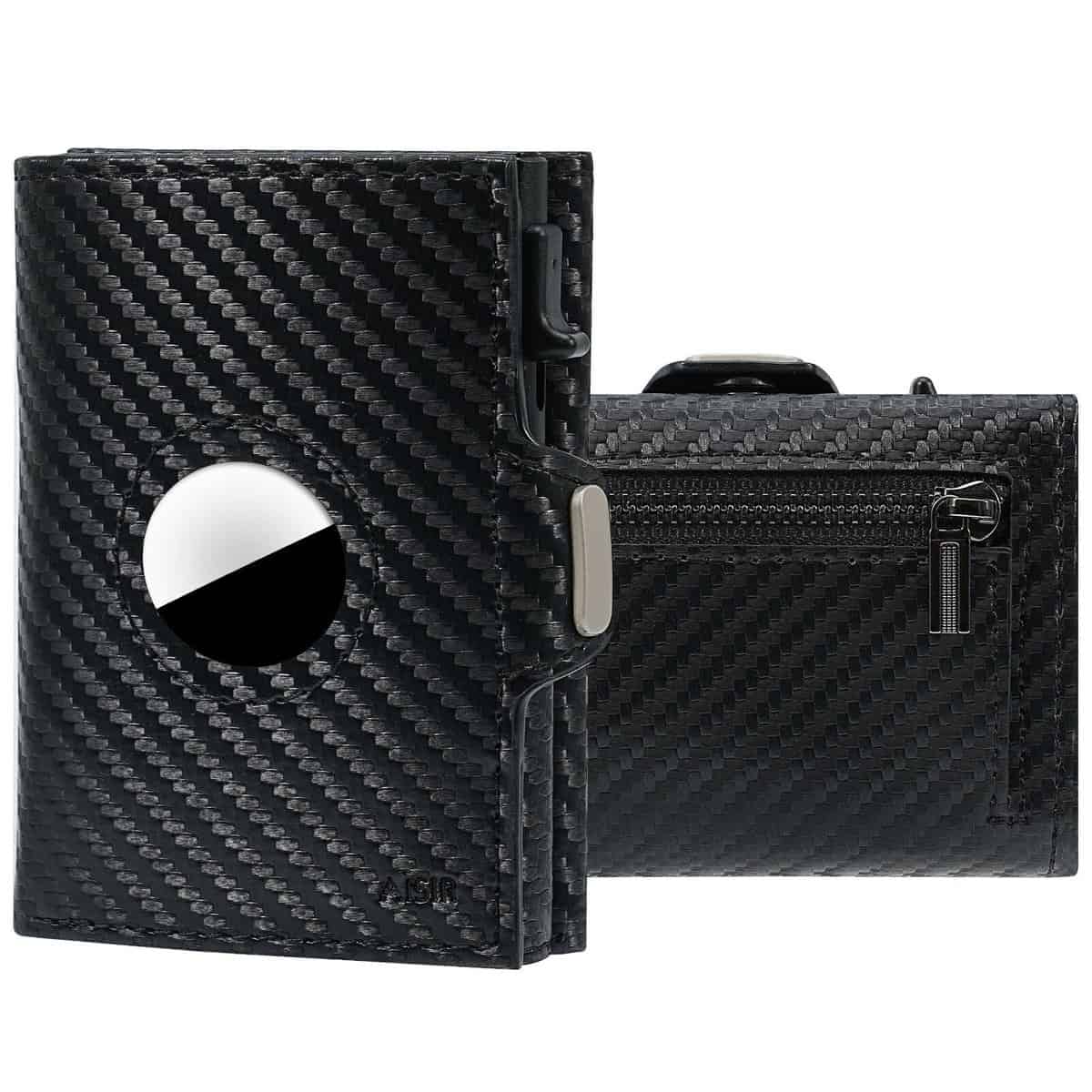 AISIR Porte Carte de Crédit Airtag Portefeuille Homme, Portefeuille RFID en Cuir avec Poche Monnaie Zippée, Compartiment pour Billets et Fermeture Magnétique, idéale pour Les Voyages - Noir