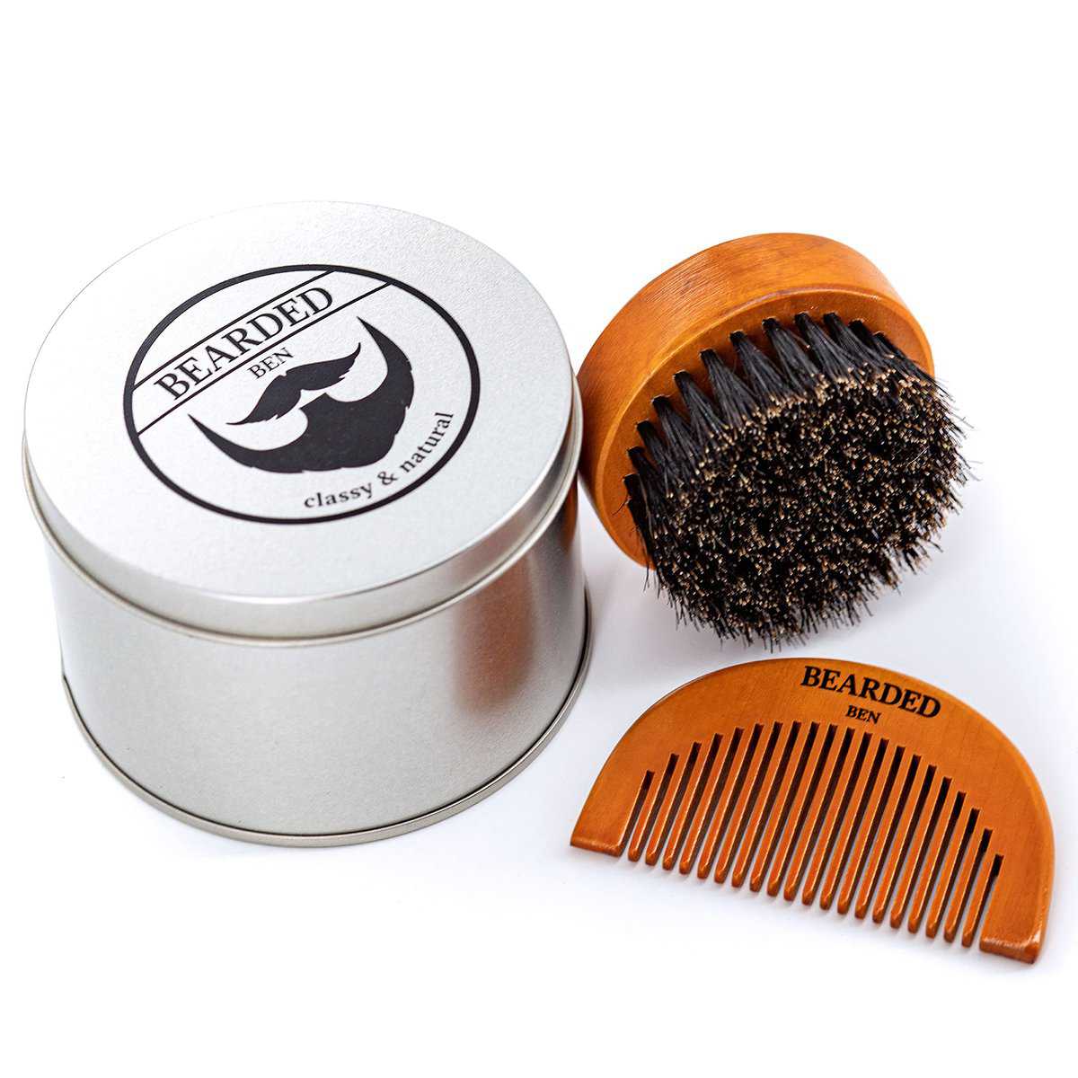 BEARDED BEN classy & natural BEARDED BEN Brosse à barbe en poils de sanglier avec boîte de rangement et peigne à barbe - cadeau pour homme - taille de la brosse à barbe : 6,3 x 3,6 cm