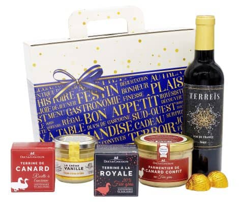 Coffret Gourmand “Délice du Sud-Ouest” avec 6 produits, y compris un vin – Parfait cadeau.