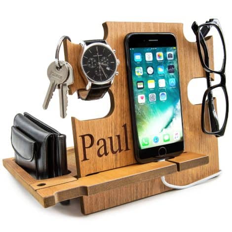 Dock en bois pour téléphone pour hommes, rangement pratique, cadeau d’anniversaire ou idée de Noël pour homme (Teck)