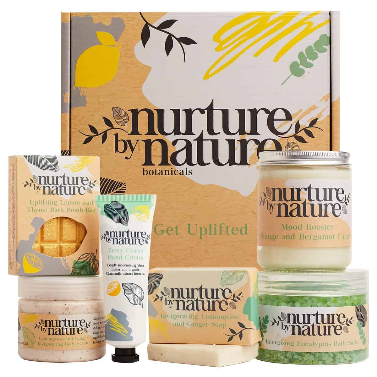 Nurture By Nature RELAXANT ET ÉNERGISANT, Ensemble cadeau pour le bain pour femmes, Sels de bain, huiles essentielles, lavande, aromathérapie, savon, bombes de bain, bougie