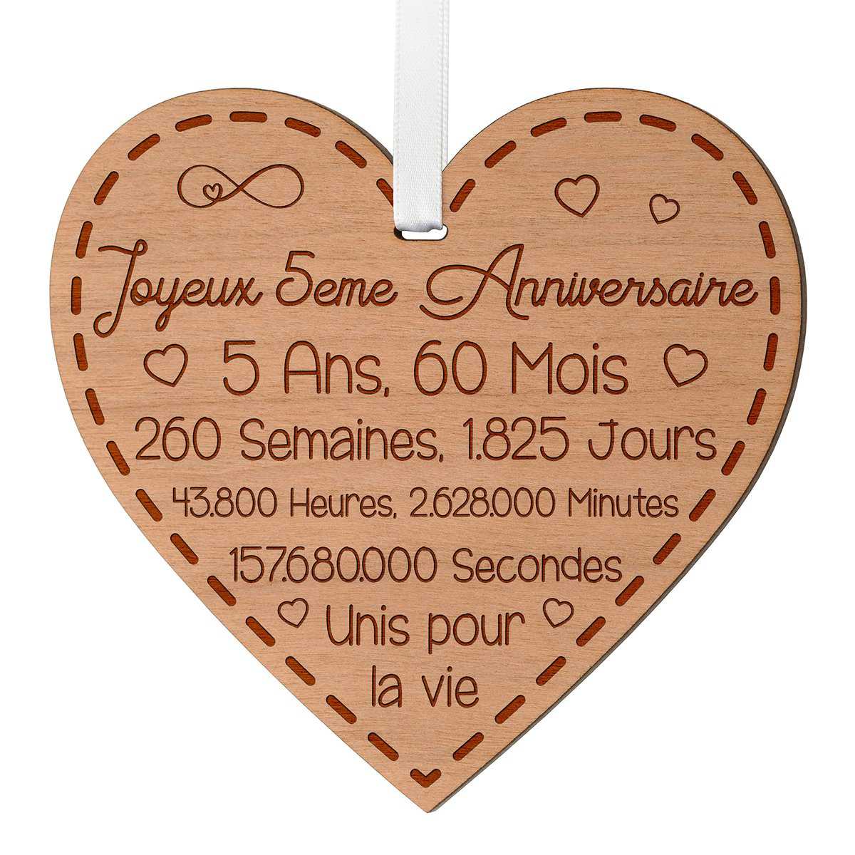 Cadeau Anniversaire De Mariage 5 Ans - Idée Cadeau Souvenir Anniversaire De Mariage Pour Femme En Bois - Cadeau Cœur Gravé Souvenir 5 Ans De Mariage Homme Et Femme