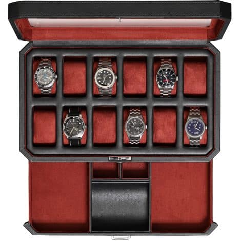 Coffret de rangement de luxe pour montres en cuir avec tiroir et vitre, noir/rouge.