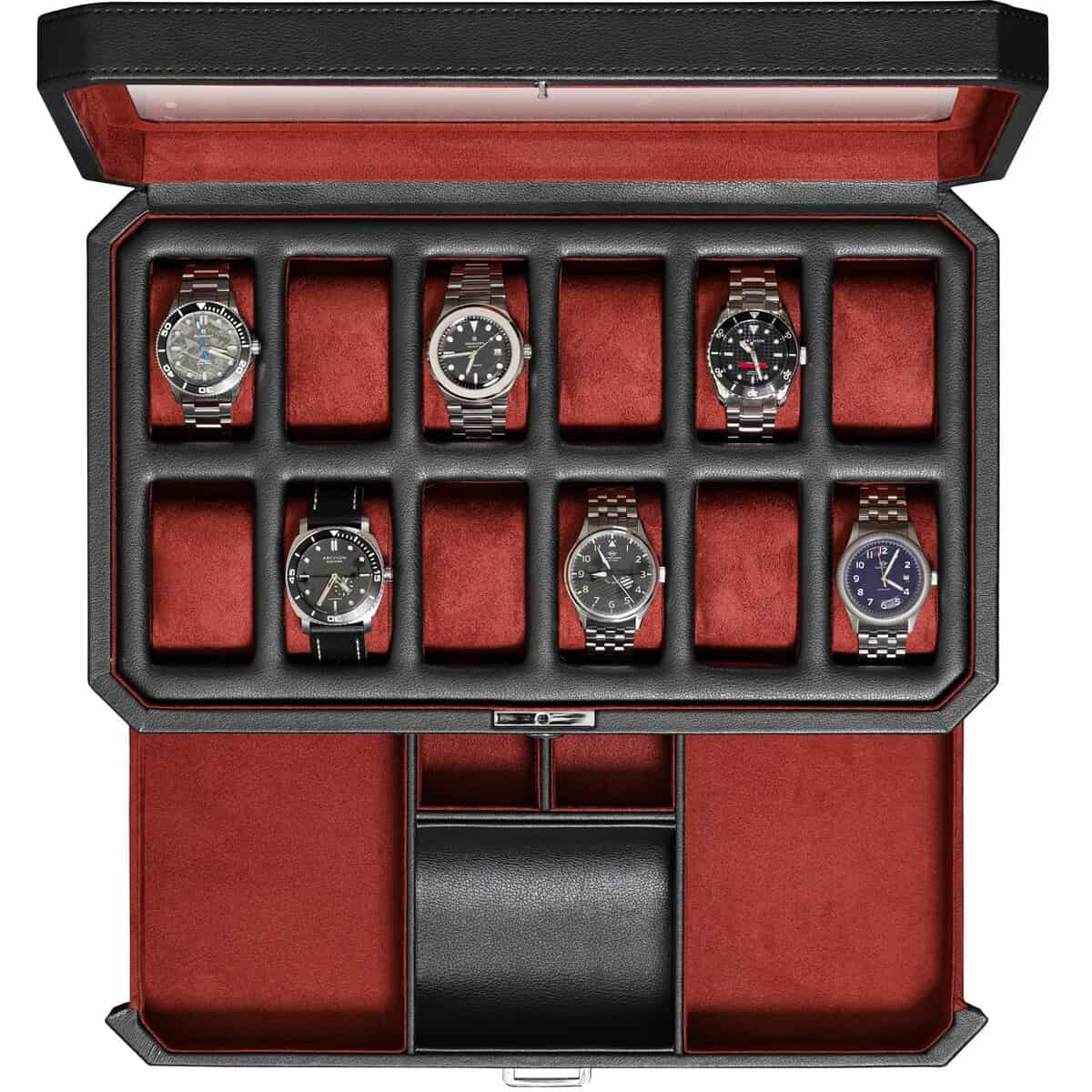 ROTHWELL 12 Fente en Cuir Coffret Avec Valet Tiroir - Montre de Luxe Case Organisateur Affichage, Microsuède Liner, Boîtes de Rangement Porte-hommes Grand Verre Top (Noir/Rouge)