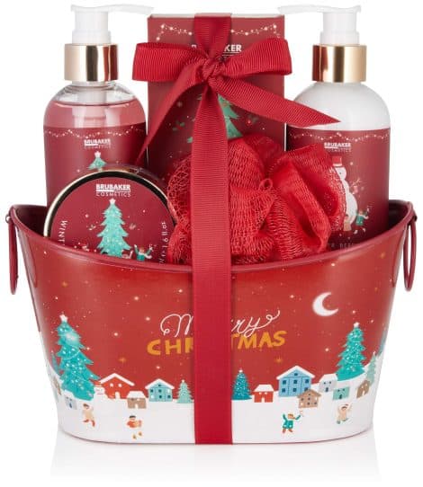 Ensemble de produits pour le bain et la douche aux baies d’hiver/joyeux Noël, 6 pièces, avec une jolie bassine vintage – idée cadeau pour femme et homme.